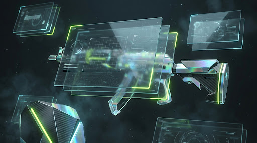 Futuristisches 3D-Render einer Esports-Waffe mit holografischen HUD-Overlays in Neon-Grün und Cyan